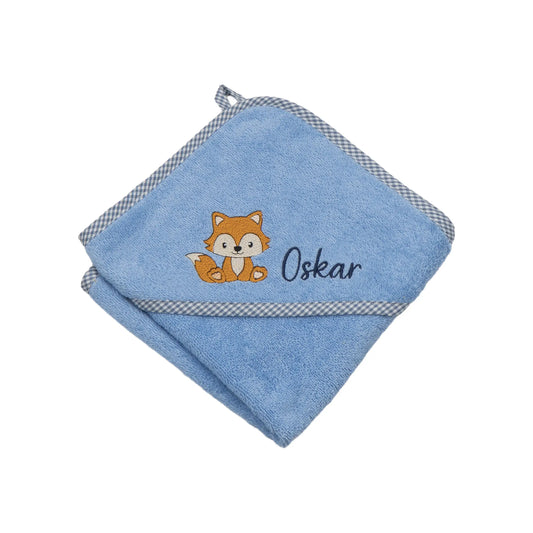 Personalisiertes Kapuzenhandtuch Fuchs auf Frottee blau, mit kariertem Rand, bestickt mit Namen