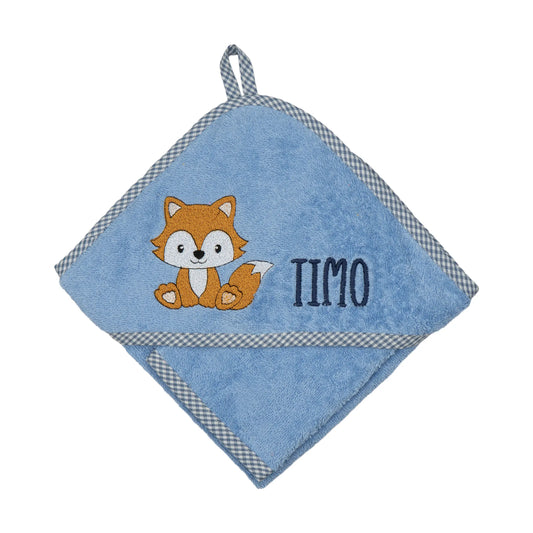Personalisiertes Kapuzenhandtuch Fuchs auf Frottee blau, mit kariertem Rand, bestickt mit Namen