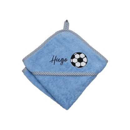 Personalisiertes Kapuzenhandtuch Fussball auf Frottee blau mit kariertem Rand, bestickt mit Namen