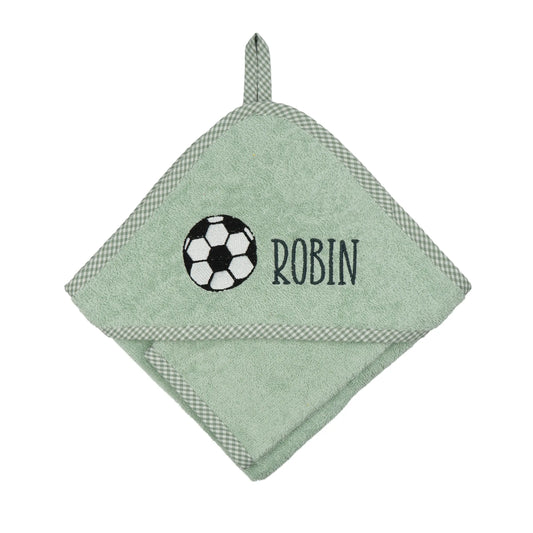 Personalisiertes Kapuzenhandtuch Fussball auf Frottee mint mit kariertem Rand, bestickt mit Namen