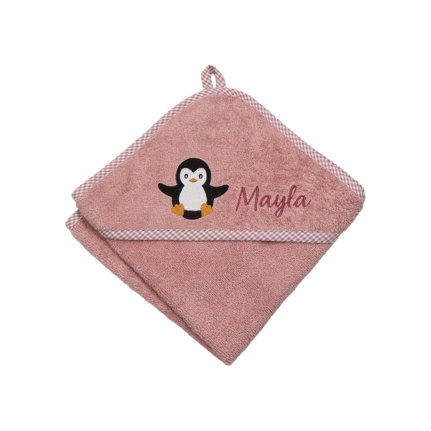 Personalisiertes Kapuzenhandtuch Pinguin auf Frottee altrosa mit kariertem Rand, bestickt mit Namen