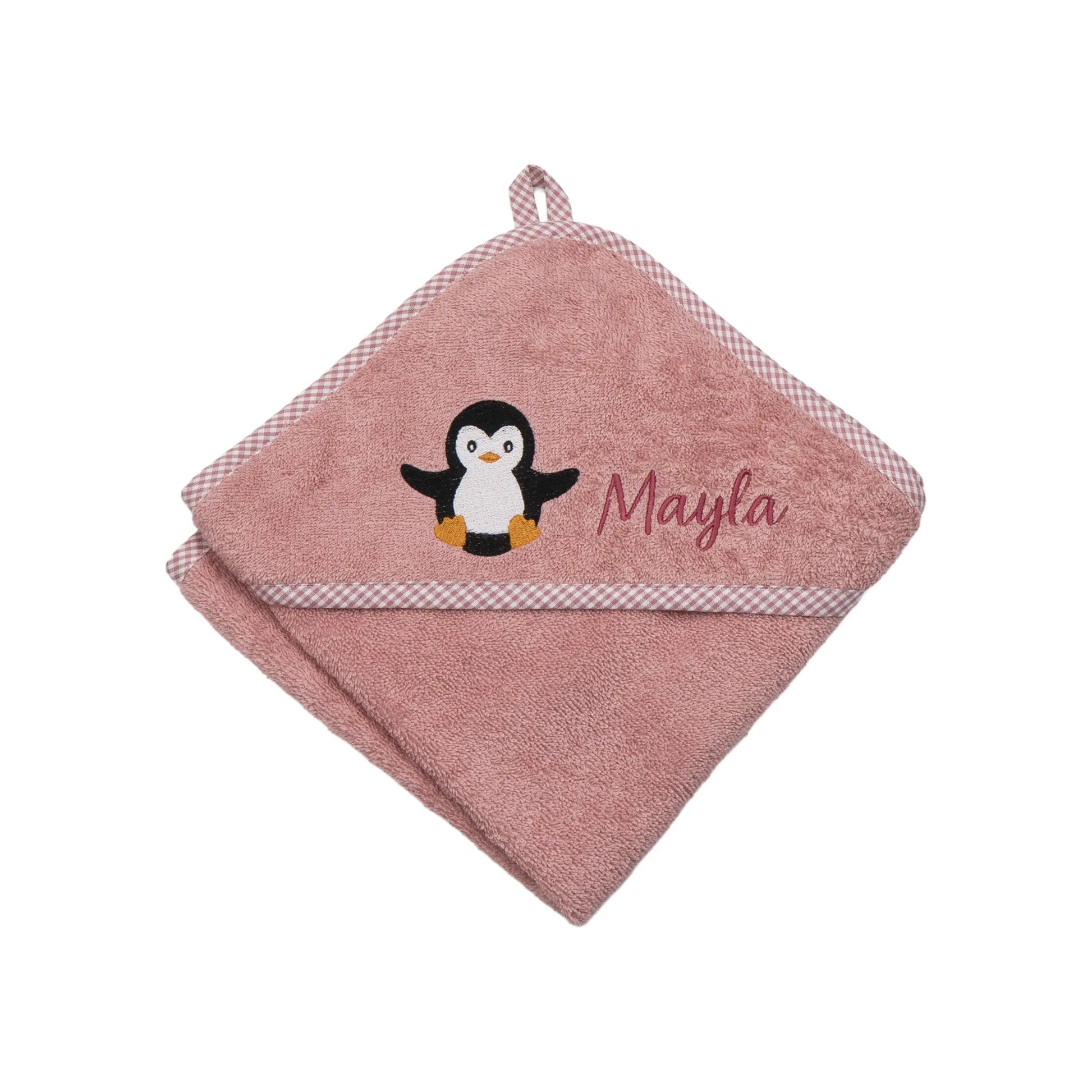 Personalisiertes Kapuzenhandtuch Pinguin auf Frottee altrosa mit kariertem Rand, bestickt mit Namen