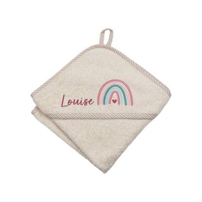 Personalisiertes Kapuzenhandtuch Regenbogen auf Frottee beige mit kariertem Rand, bestickt mit Namen