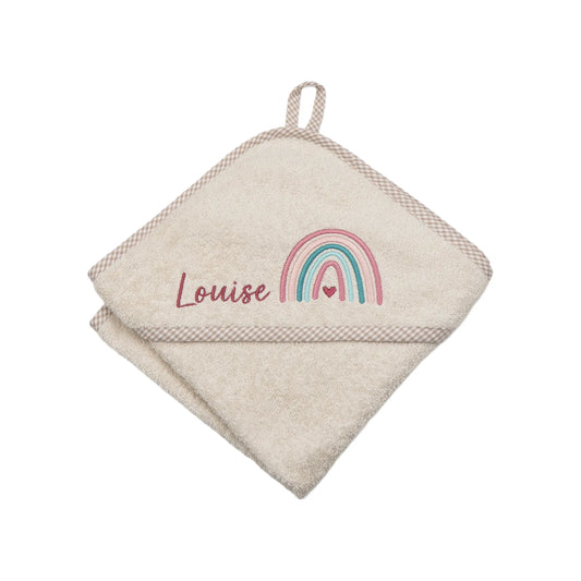 Personalisiertes Kapuzenhandtuch Regenbogen auf Frottee beige mit kariertem Rand, bestickt mit Namen