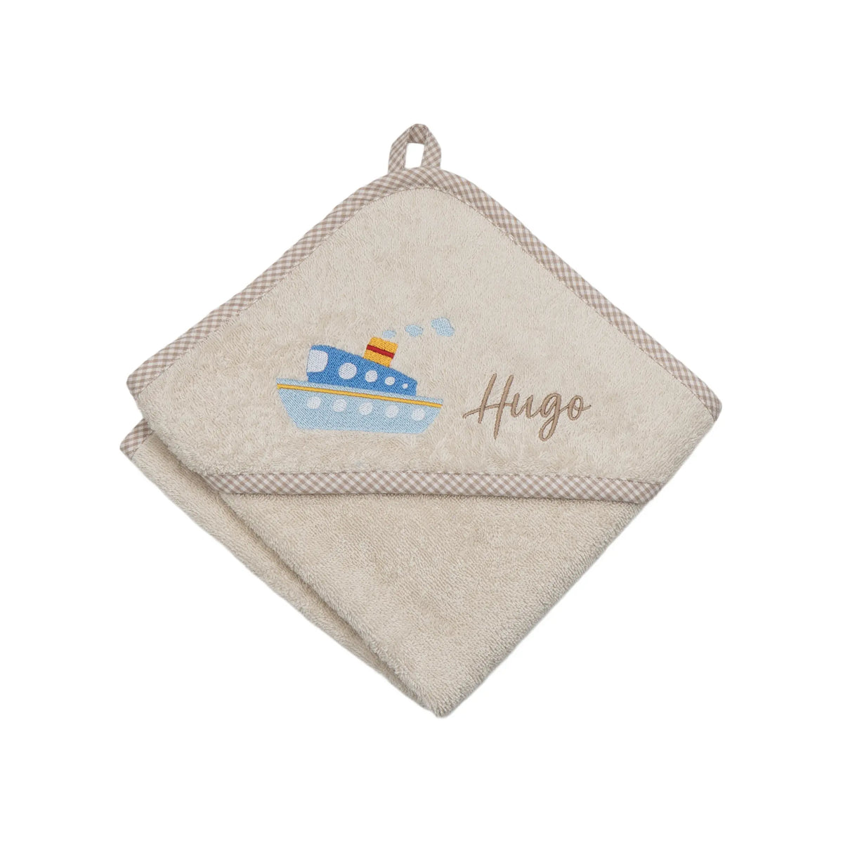 Personalisiertes Kapuzenhandtuch Schiff auf Frottee beige mit kariertem Rand, bestickt mit Namen