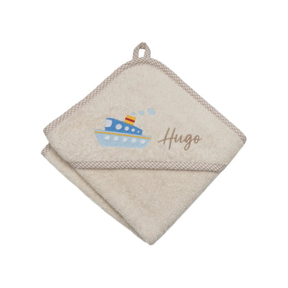 Personalisiertes Kapuzenhandtuch Schiff auf Frottee beige mit kariertem Rand, bestickt mit Namen