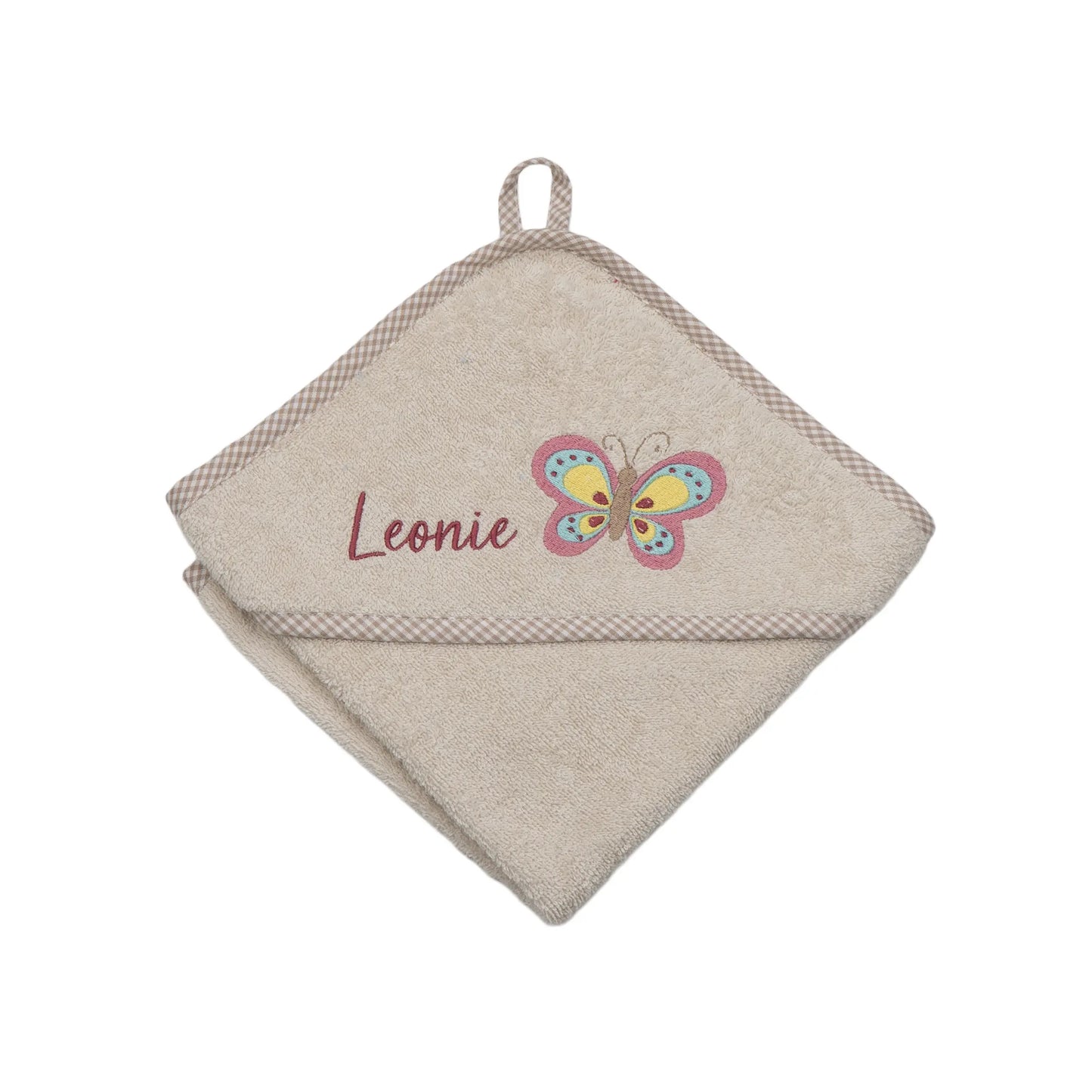 Personalisiertes Kapuzenhandtuch Schmetterling auf Frottee beige, mit kariertem Rand, bestickt mit Namen