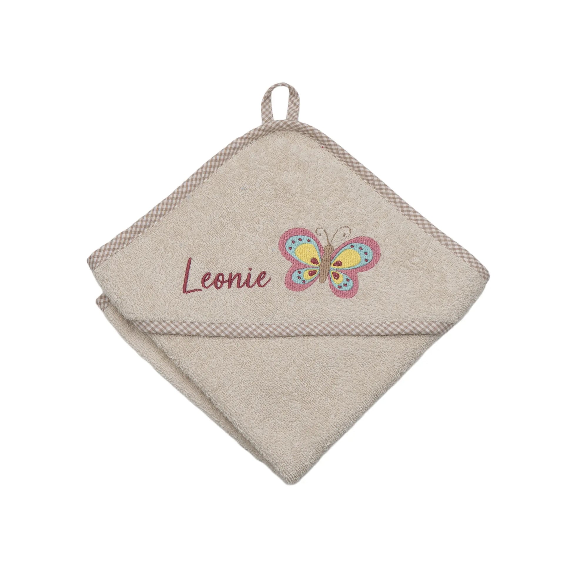 Personalisiertes Kapuzenhandtuch Schmetterling auf Frottee beige, mit kariertem Rand, bestickt mit Namen