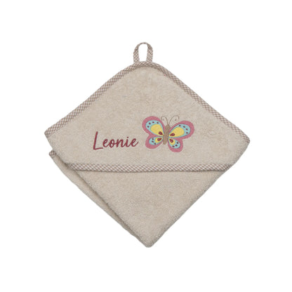 Personalisiertes Kapuzenhandtuch Schmetterling auf Frottee beige, mit kariertem Rand, bestickt mit Namen
