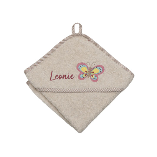 Personalisiertes Kapuzenhandtuch Schmetterling auf Frottee beige, mit kariertem Rand, bestickt mit Namen