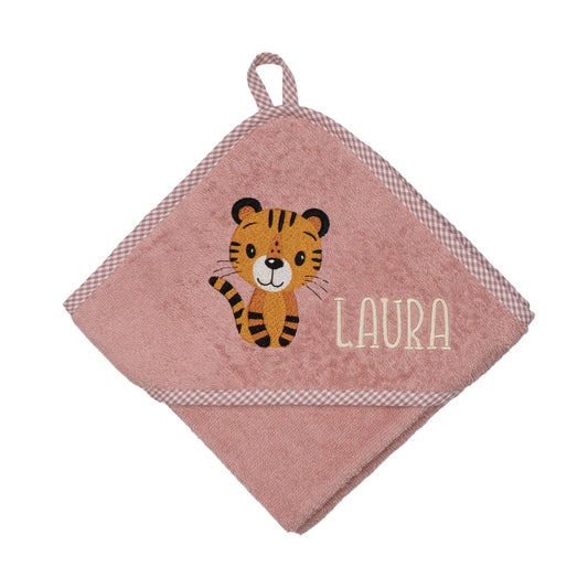 Personalisiertes Kapuzenhandtuch Tiger auf Frottee altrosa, mit kariertem Rand, bestickt mit Namen