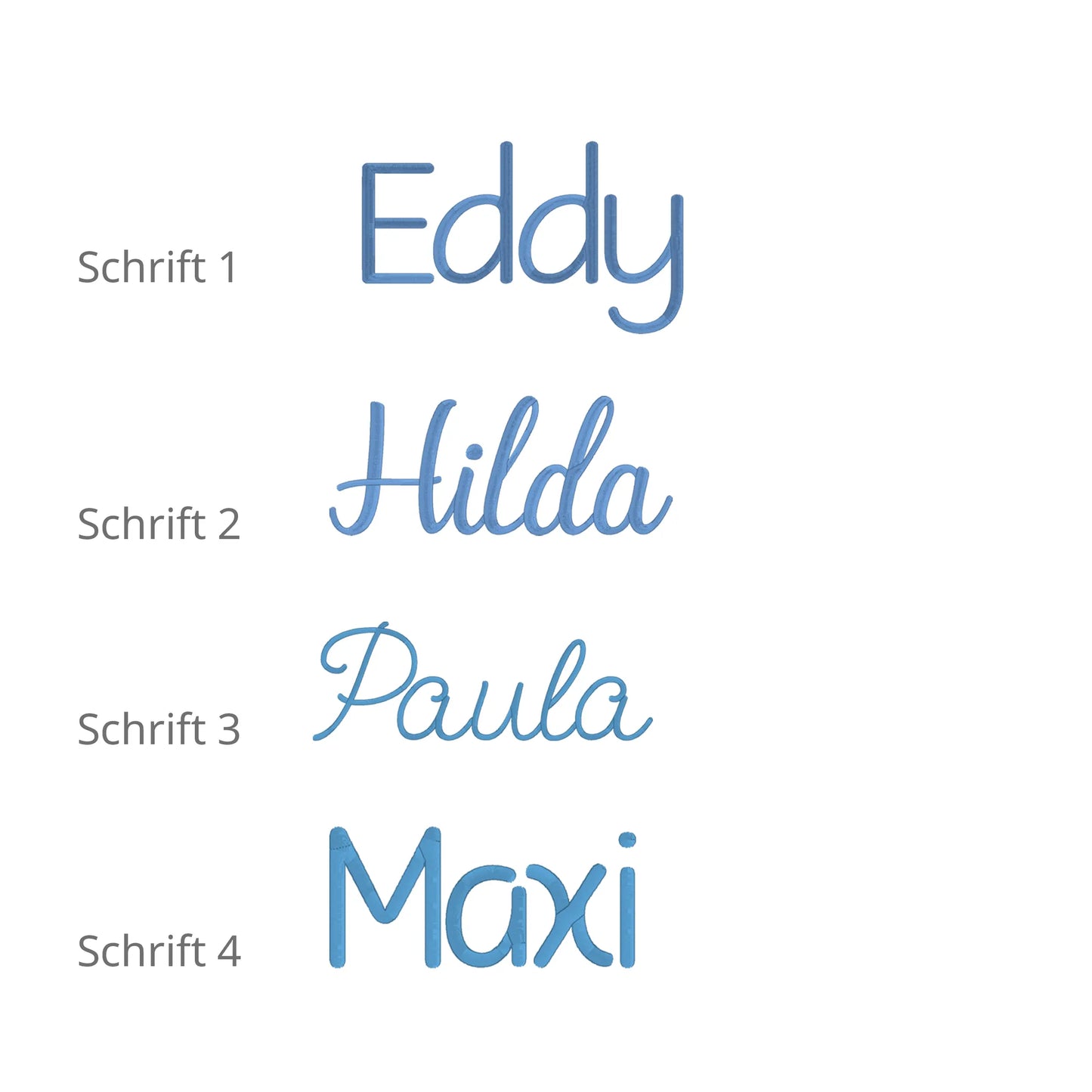 Vier Stickschriften zur Auswahl: Schrift 1 schlicht und klar, Schrift 2 geschwungene Kursive, Schrift 3 elegante Schreibschrift, Schrift 4 kräftige Rundschrift – für Kissen mit Namen bestickt