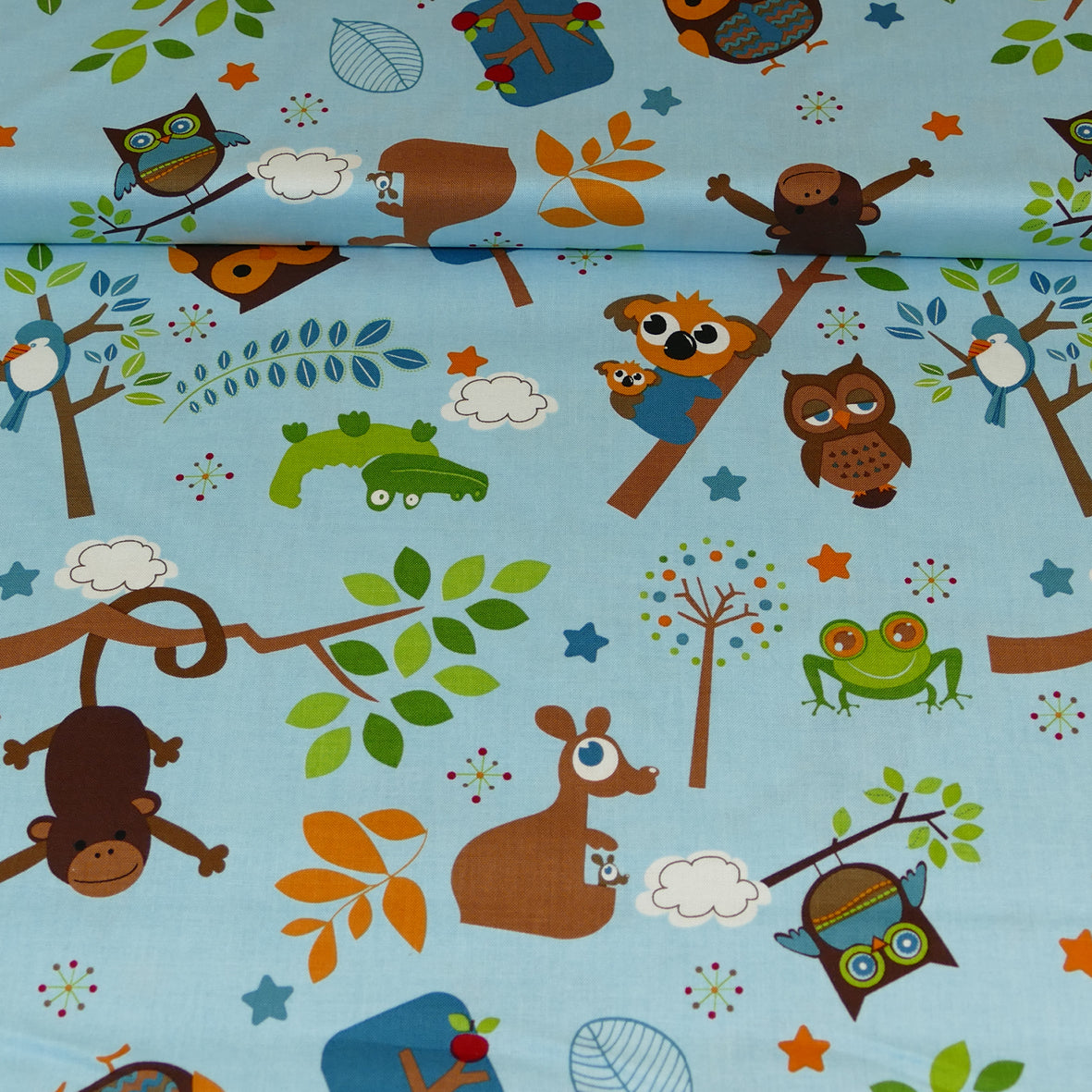 Baumwollstoff Patchwork Hooty Hoot Main Tiere, hellblau Riley Blake Meterware