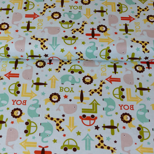 Baumwollstoff Patchwork Oh Boy! Tiere und Fahrzeuge, mint Riley Blake Meterware