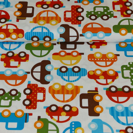 Baumwollstoff Patchwork Autos, weiß/bunt Robert Kaufmann Meterware